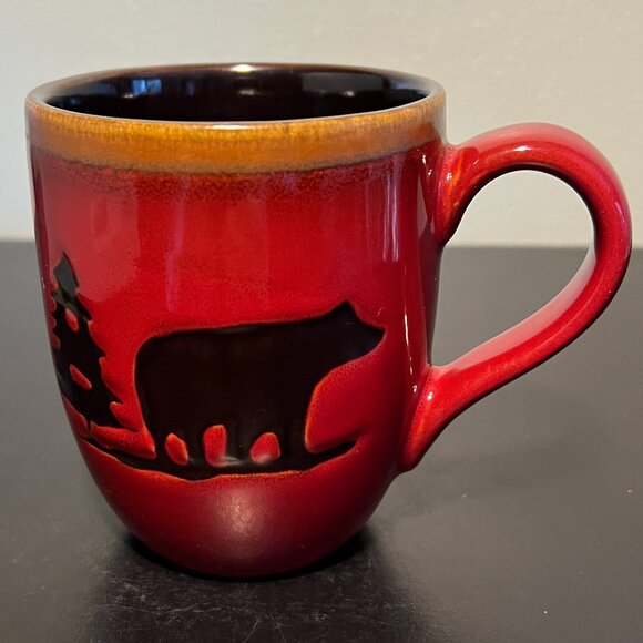 WOODLAND HOME STUDIO Russet Red Glazed Mug w/ Inlaid Brown Bears & Trees - Picture 2 of 9